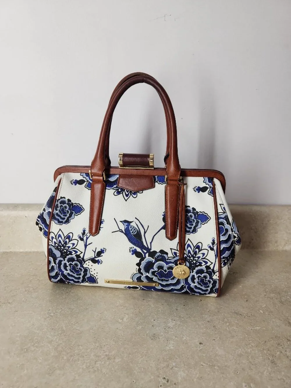 Brahmin Frame Satchel Blue Delft floral birds print hand bag classic rare - Picture 16 of 16